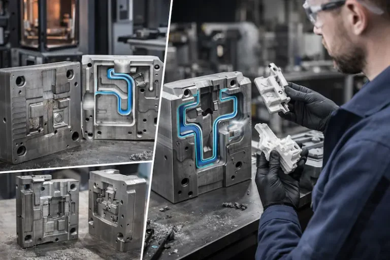 3D printed mold inserts with conformal cooling channels used for producing complex plastic components and improving molding efficiency.