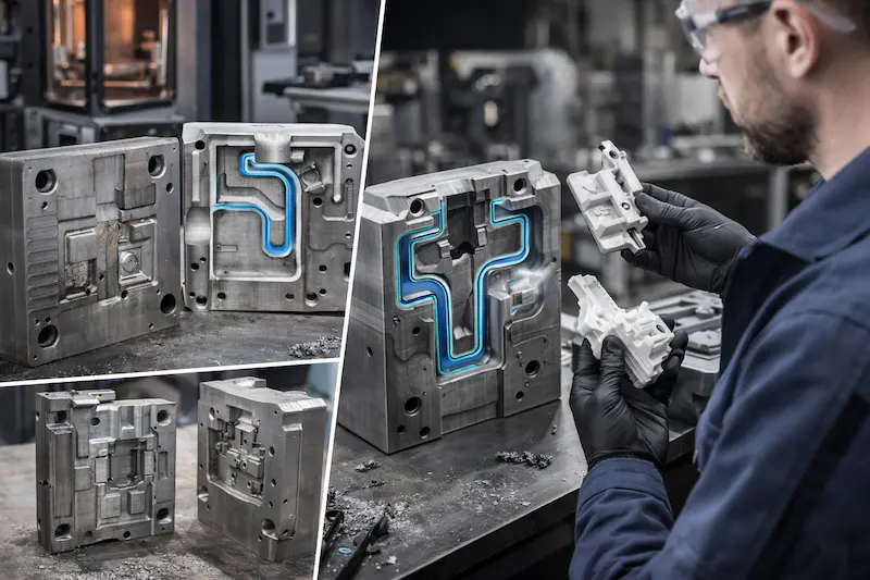 3D printed mold inserts with conformal cooling channels used for producing complex plastic components and improving molding efficiency.