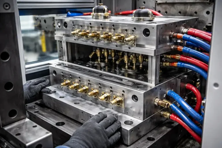 Stacked hot runner injection mold installed in a molding machine with multiple heated manifolds and cooling lines for high-volume plastic part production.