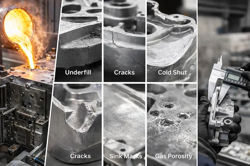 Common die casting defects including underfill, cracks, cold shut, sink marks, and gas porosity shown on metal cast components during quality inspection.