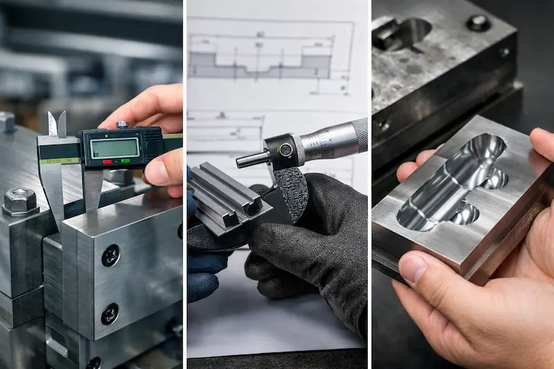 Quality inspection process for extrusion dies using calipers, micrometers, and visual surface checks on precision-machined tooling components.