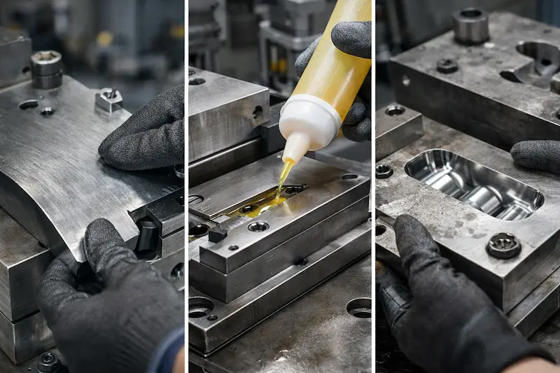 Stamping die maintenance process showing die cleaning, lubrication application, and inspection of polished die surfaces to prevent galling and wear.