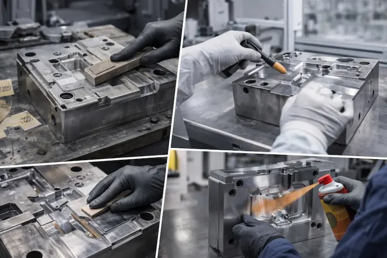 Technician cleaning and protecting a polished injection mold surface in a clean polishing environment