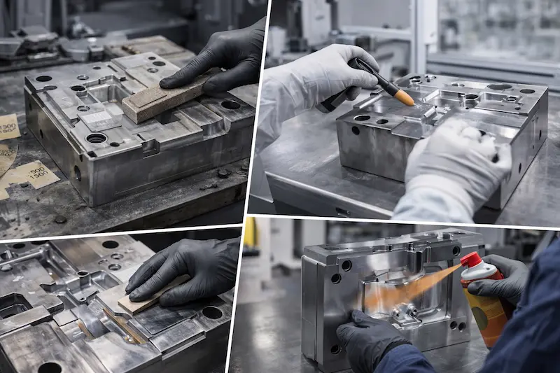Technician cleaning and protecting a polished injection mold surface in a clean polishing environment