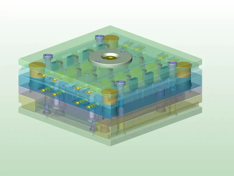 Sandwich injection molding process showing outer skin material and inner core material in a multi-material plastic part