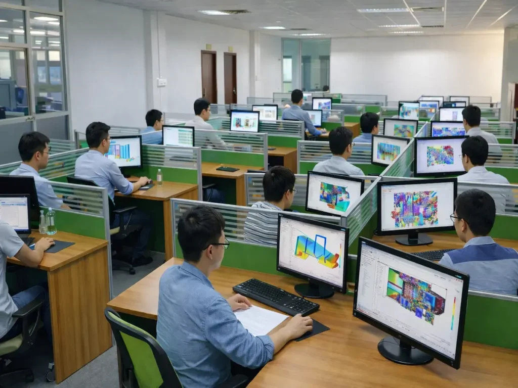 Fitmold in-house mold design engineering team working on CAD tooling projects in a professional office environment