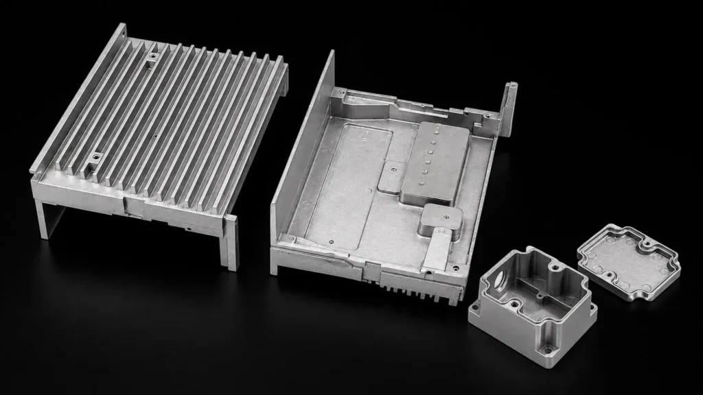 Aluminum and zinc alloy die cast samples showing different materials, part sizes, structures, and surface requirements