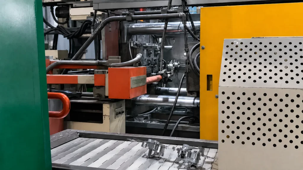 Automated extraction system removing newly cast metal parts from a high-pressure die casting machine