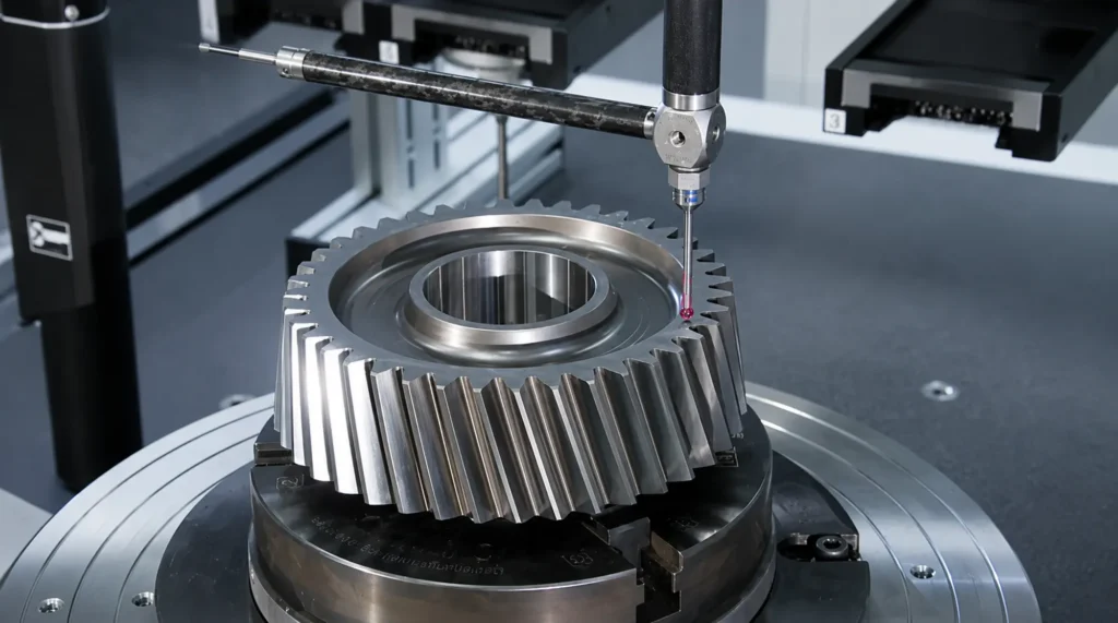 Coordinate measuring machine inspecting a machined gear for critical dimensions and geometric accuracy