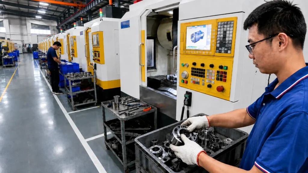 Engineer reviewing a CNC machined part against drawings to check critical dimensions, mating surfaces, and functional requirements