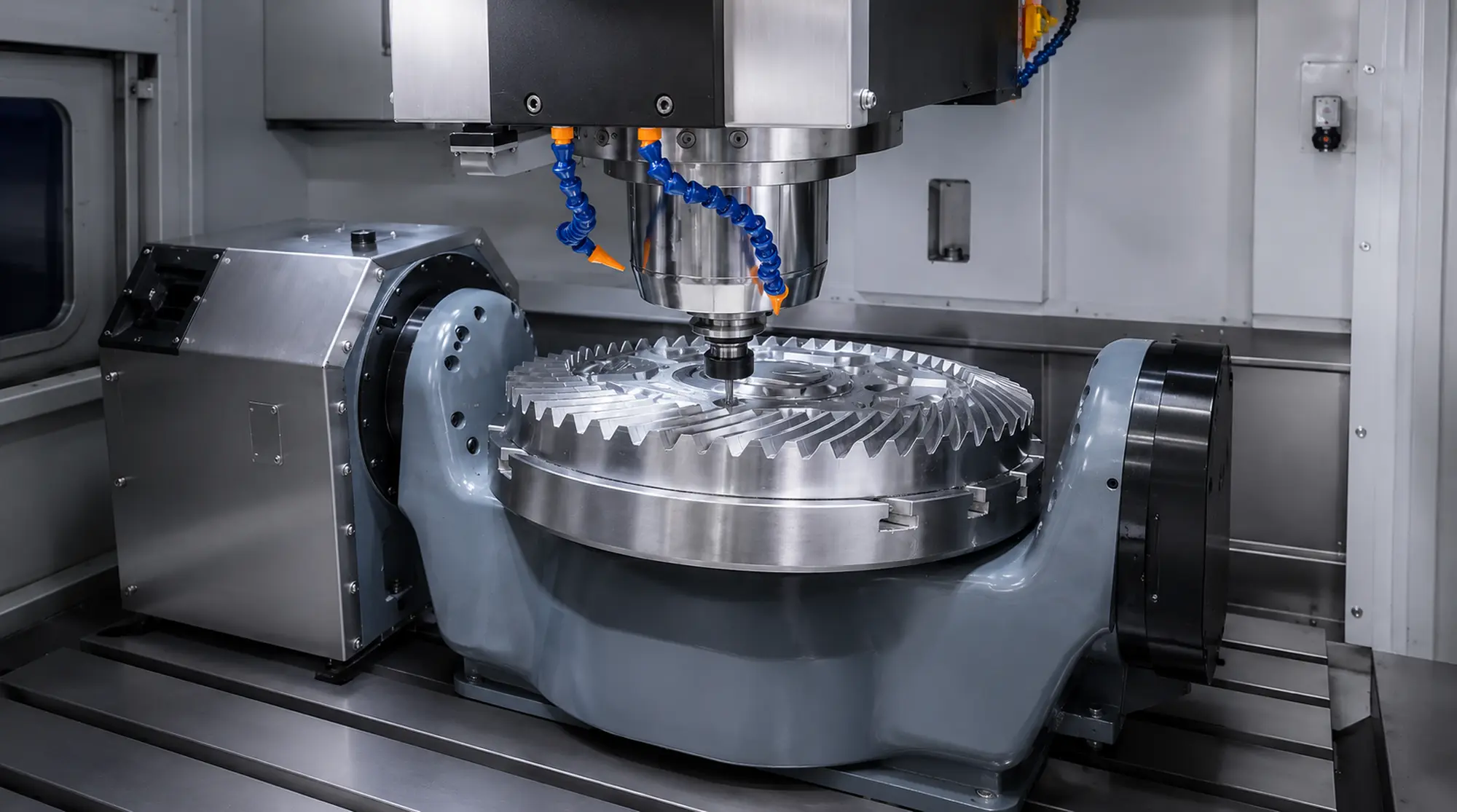 CNC cutting tool machining the complex curved blades of an aluminum alloy impeller