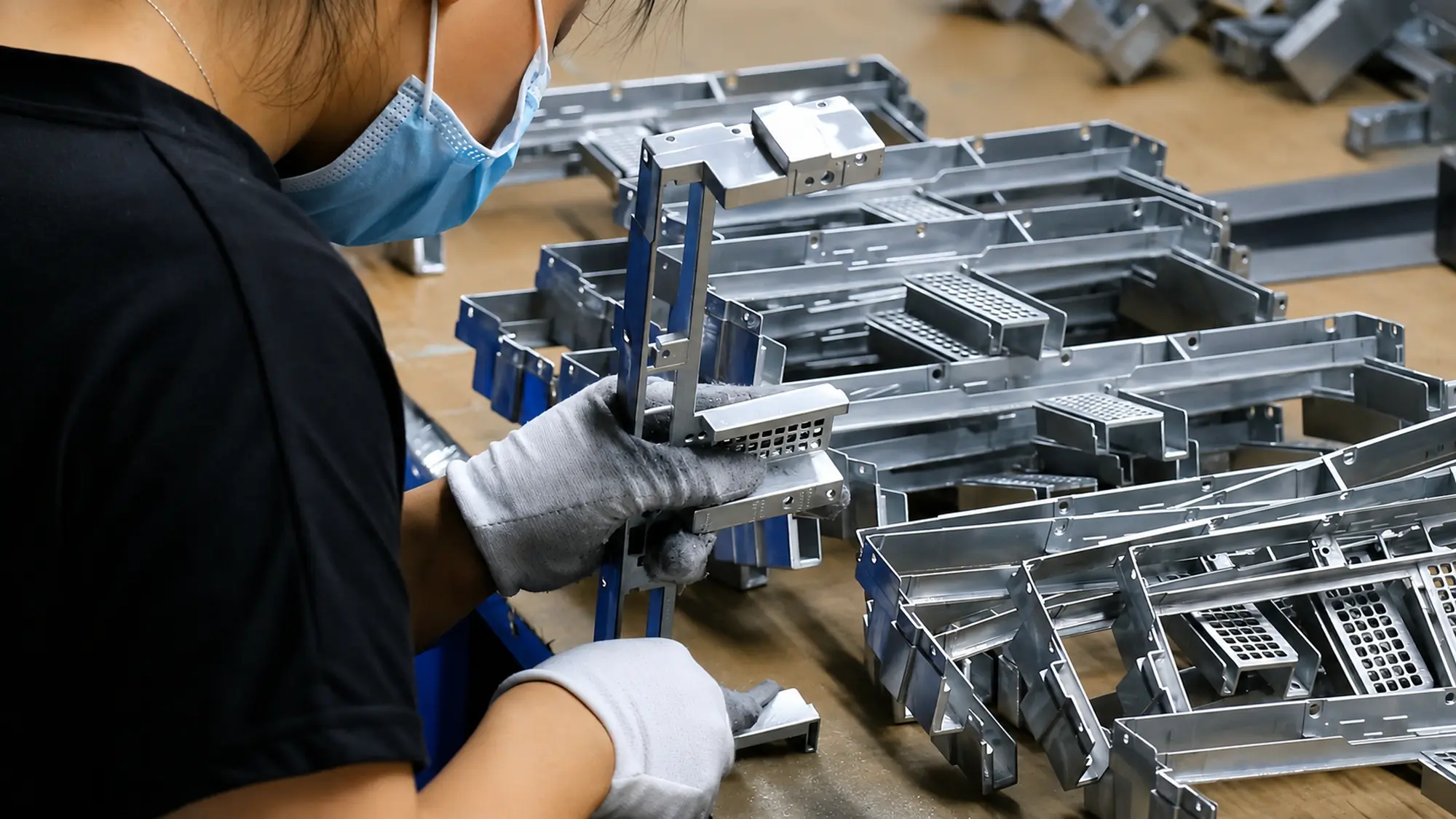 Worker removing flash and burrs from a newly produced die cast component