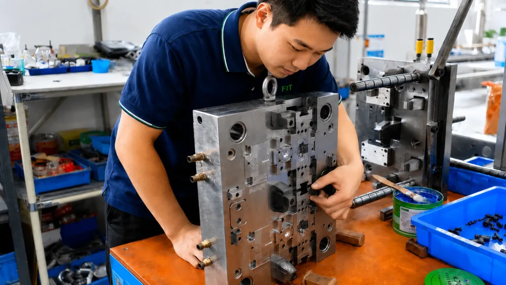 Toolmaker assembling and fitting an injection mold to verify alignment, movement, and functional surfaces