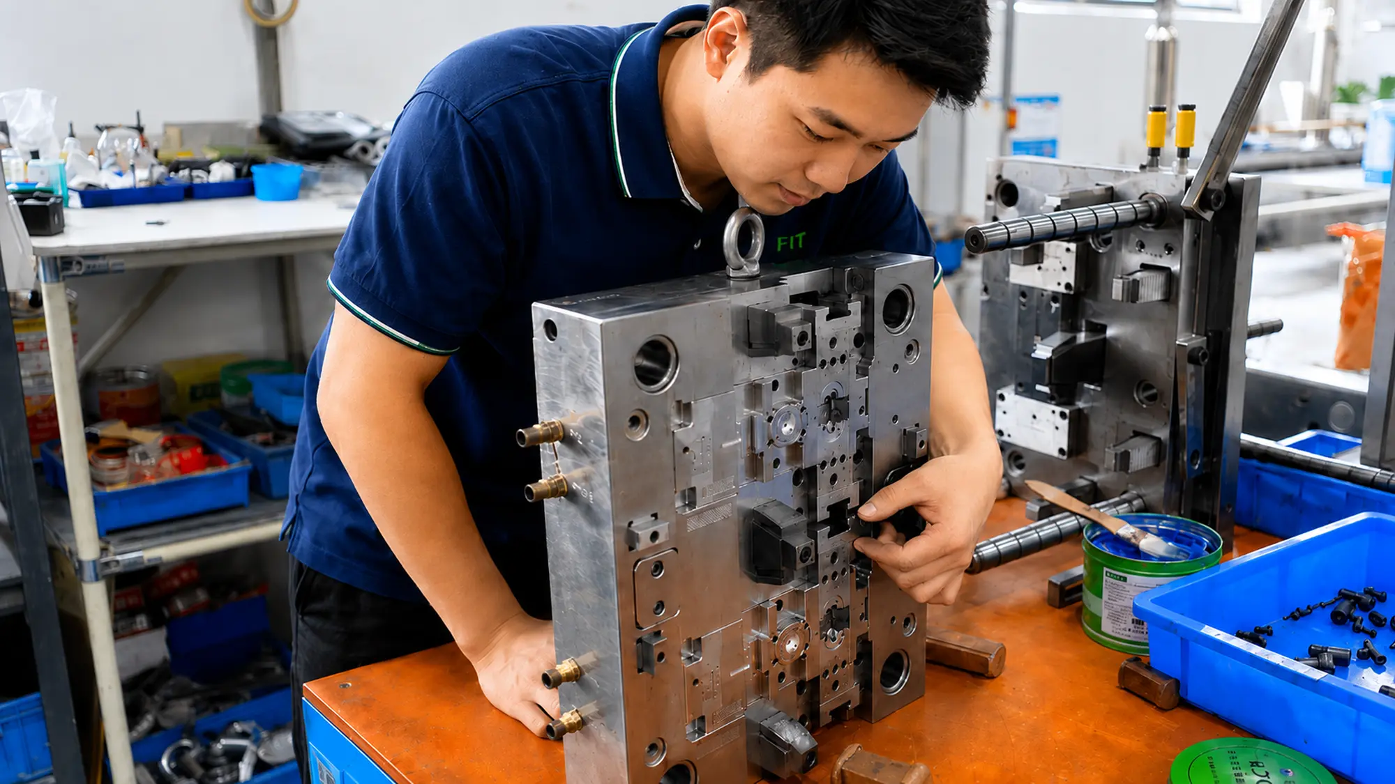 Toolmaker assembling and fitting an injection mold to verify alignment, movement, and functional surfaces