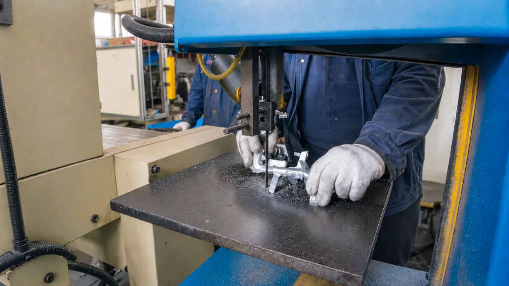 Worker using a band saw to remove gates and runners from metal castings before further machining and finishing