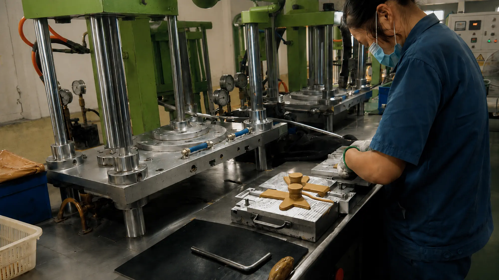 Worker producing precision wax patterns with metal molds for the investment casting process