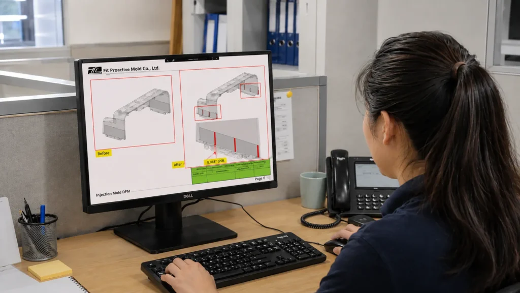 Mold design review with annotated part geometry risks for injection molding and tooling