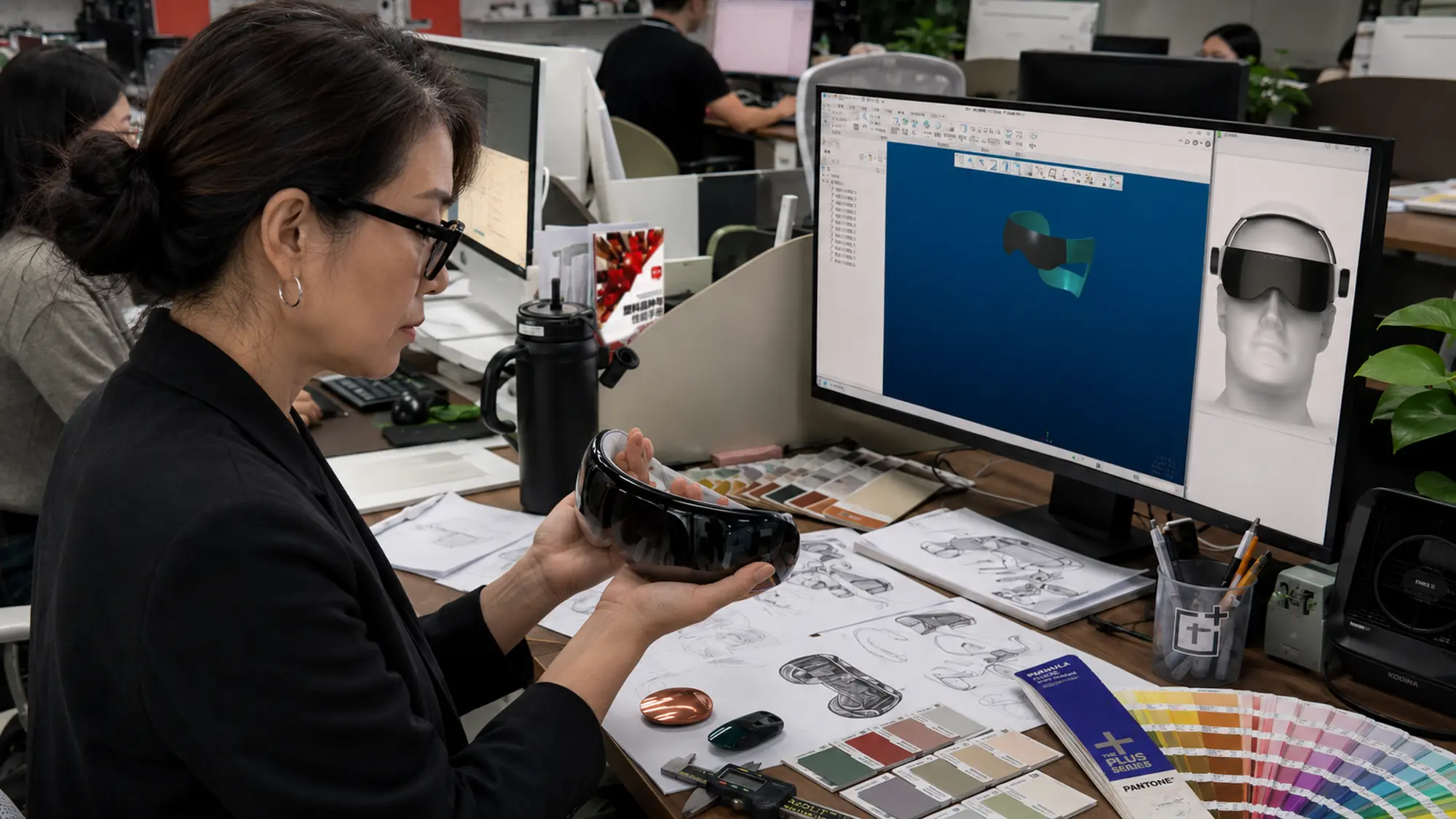 Engineer comparing a molded plastic sample with a 3D model and evaluating material color, gloss, and surface finish
