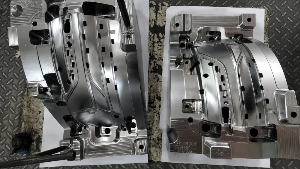 Injection mold structure with sliders, lifters, inserts, and ejection components designed for stable production