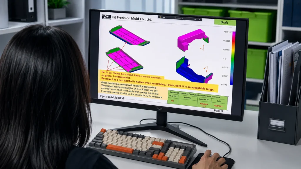 Mold design engineer reviewing product structure, wall thickness, and parting requirements