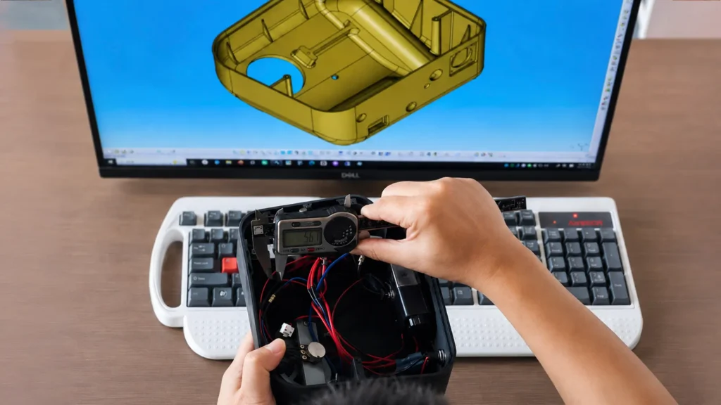 Engineer inspecting a prototype part before mold making and production