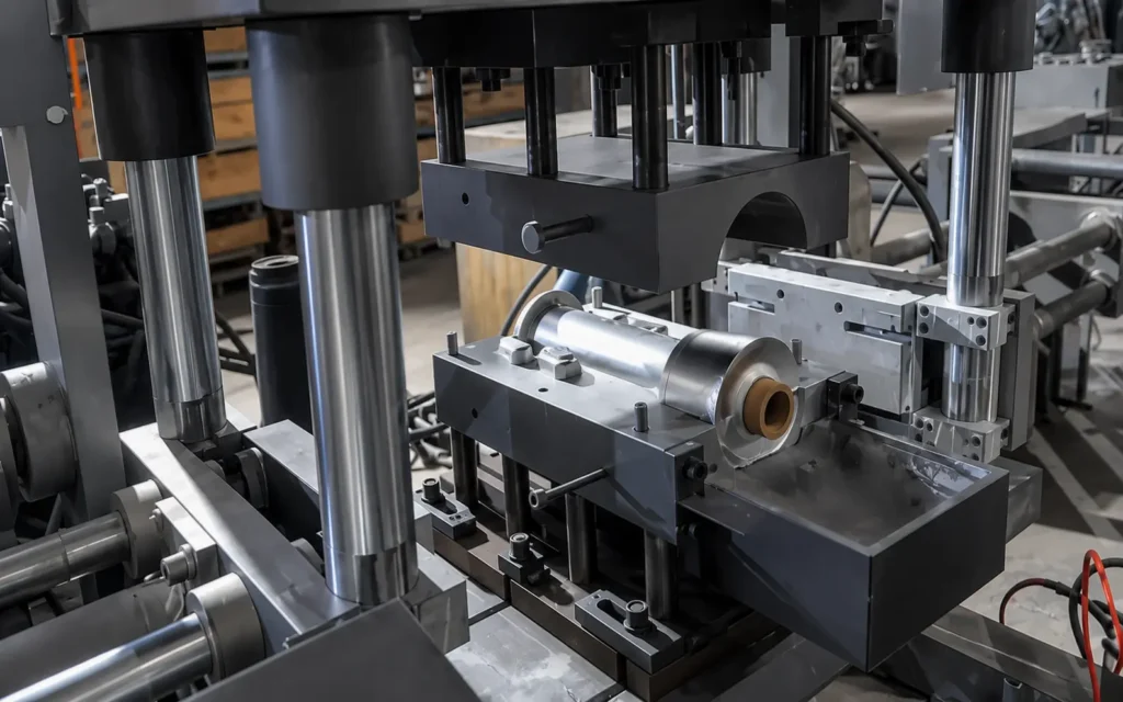Tilt-pour gravity die casting machine rotating a reusable metal mold to fill an aluminum alloy component
