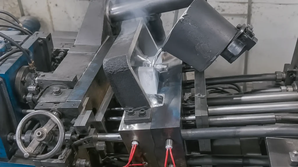 Tilt-pour gravity die casting equipment filling an aluminum mold through a controlled tilting process