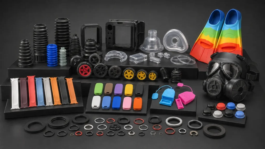 Custom silicone consumer products, industrial rubber seals, protective boots, bushings, vibration mounts, and overmolded components