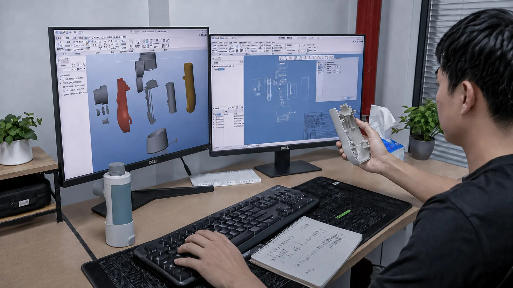 Engineers comparing a 3D product design, reference sample, and physical components during prototype assembly review