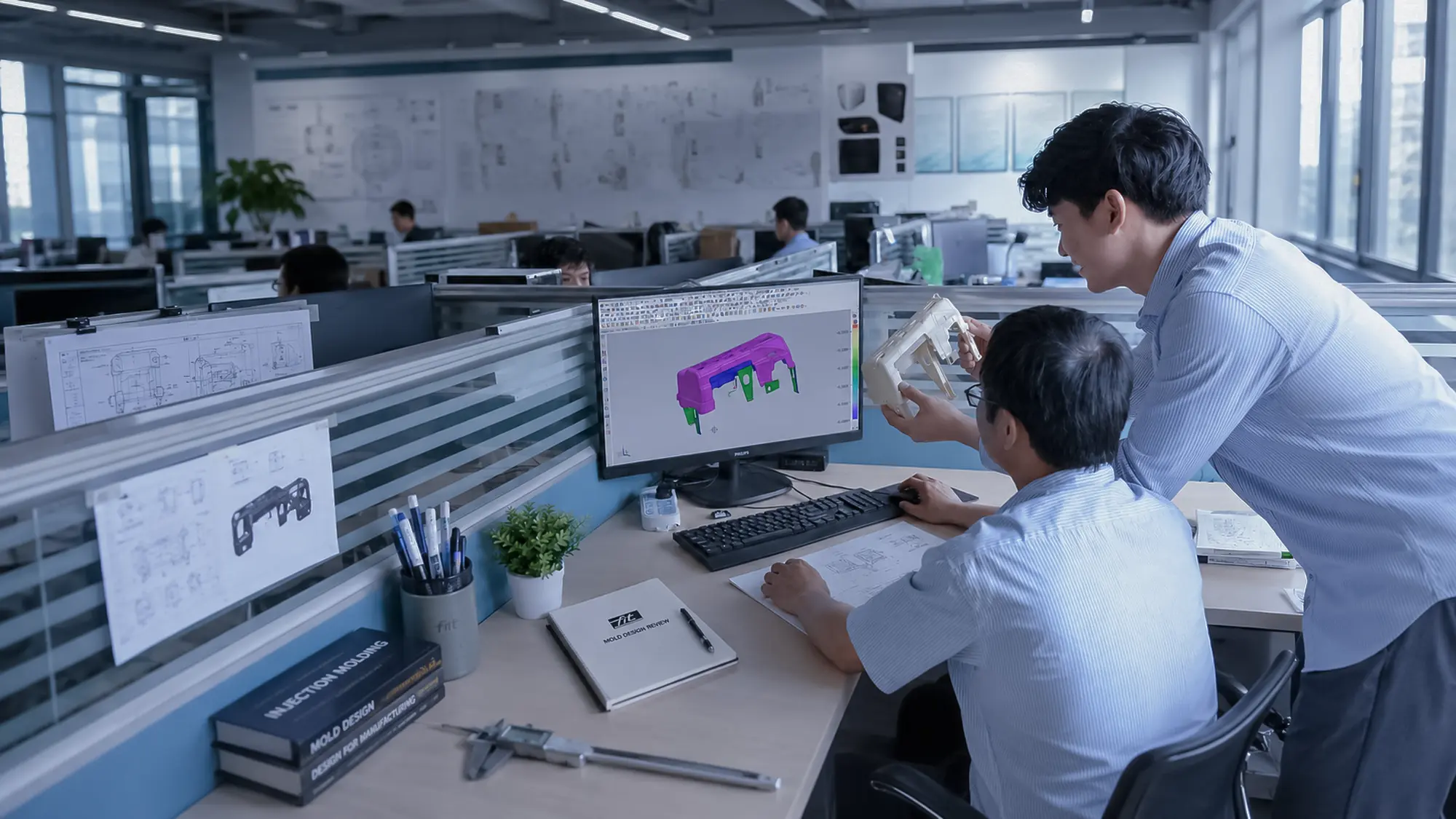 Engineers reviewing a digital drawing and physical sample to identify critical dimensions and inspection requirements
