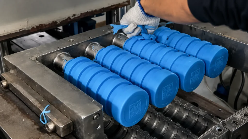 Open compression mold producing larger and thicker custom rubber or silicone components